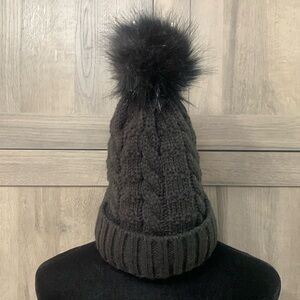 Black Knit Cotton Winter Cap With Pom Pom Beanie Hat Woman's One Size Fits Most